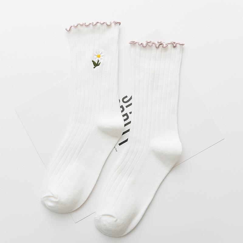 5 пар женских носков весна-лето, новые однотонные, с вышитыми деревянными ушками, с закрученным краем, в трубчатом ворсе