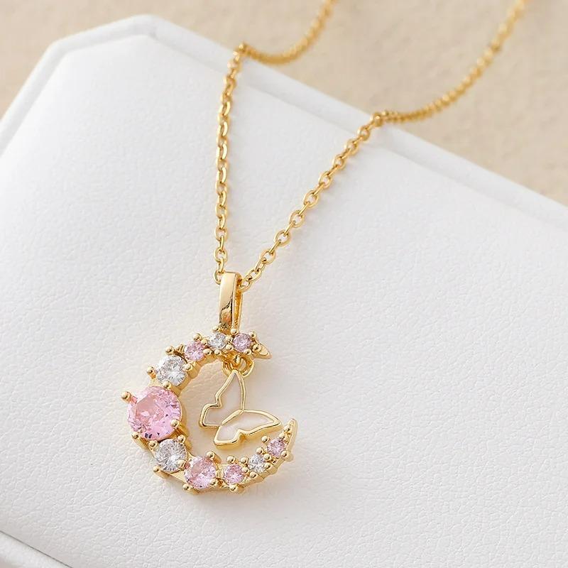New Korean Fashion Butterfly Moon 2025 Necklace Women's Stainless Steel Cute Collar Chain High End Elegant Zircon Girls Gift