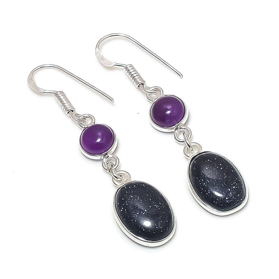 Серьги из стерлингового серебра 925 пробы с натуральным фиолетовым солнечным камнем и аметистом 1,89 дюйма y3v12