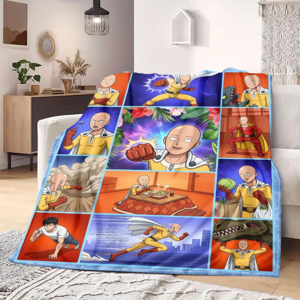 One Punch Man Smart Print Flannel Blanket, Cartoon Decorative Pattern, Soft and Warm for Bed and Couch, Travel Blanket_LIAN