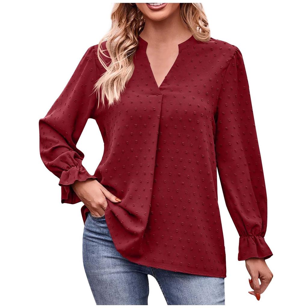 Женская модная повседневная свободная однотонная футболка с v-образным вырезом и рюшами с длинным рукавом