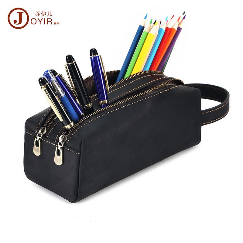 Crazy Horse Leather Handbag Handbag Multifunctional Leather Double Zipper Pencil Case Storage Bag Creative Leather Goods