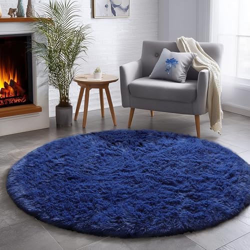 Blue Round Rug for Kids Room, Bedroom, Living Room, Washable Fluffy Shaggy Area Rug, Aesthetic Decor, 120cm