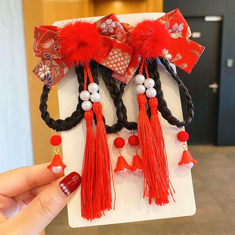 2 шт. Детский головной убор Парик Коса Заколка Кисточка Ханфу Головной убор Красный бант Заколка для волос Праздничный на Новый год