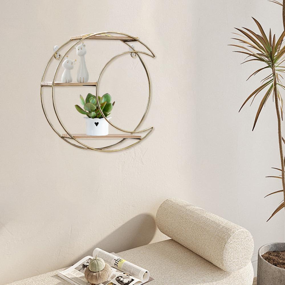 3-Tier Moon Floating Shelf Gold Metal 3-Tier Shelf Floating Wall Mounted Shelf  Living Room Display