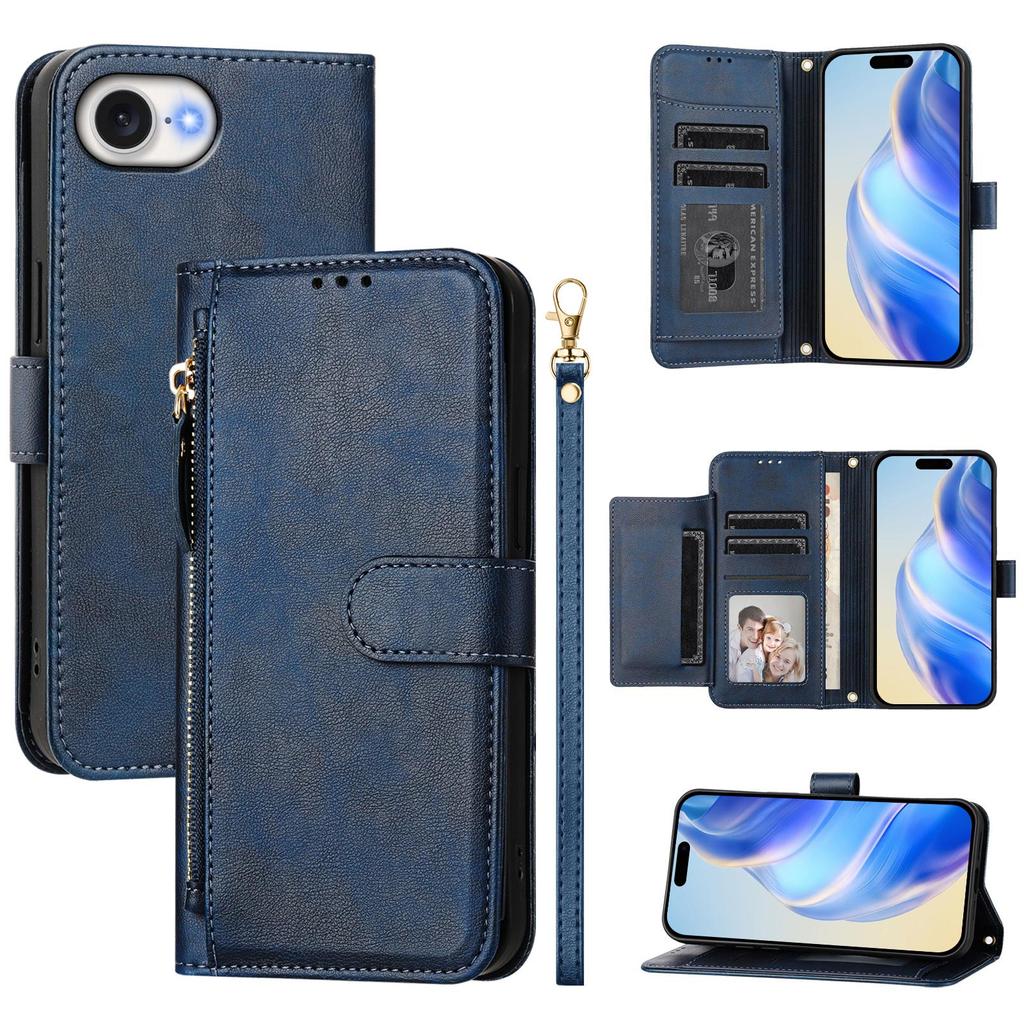 For iPhone 16e Case Zipper Pocket Multiple Card Slots Leather Phone Cover