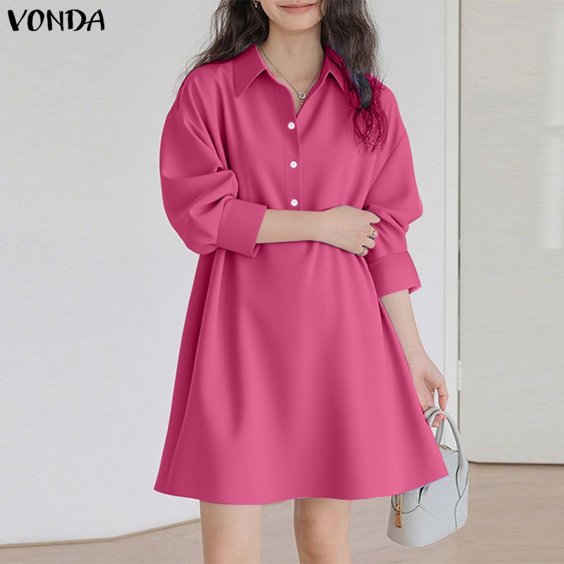 VONDA Женское повседневное мини-платье-туника с лацканами, длинными рукавами и застежкой на пуговицы