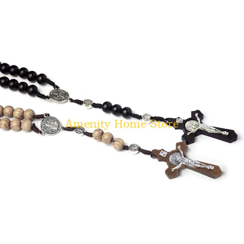F26C Wood Bead Cross Rosary Necklace Hangable Pendant Crafts Long Bead Chain for Christmas Party Church Decorations