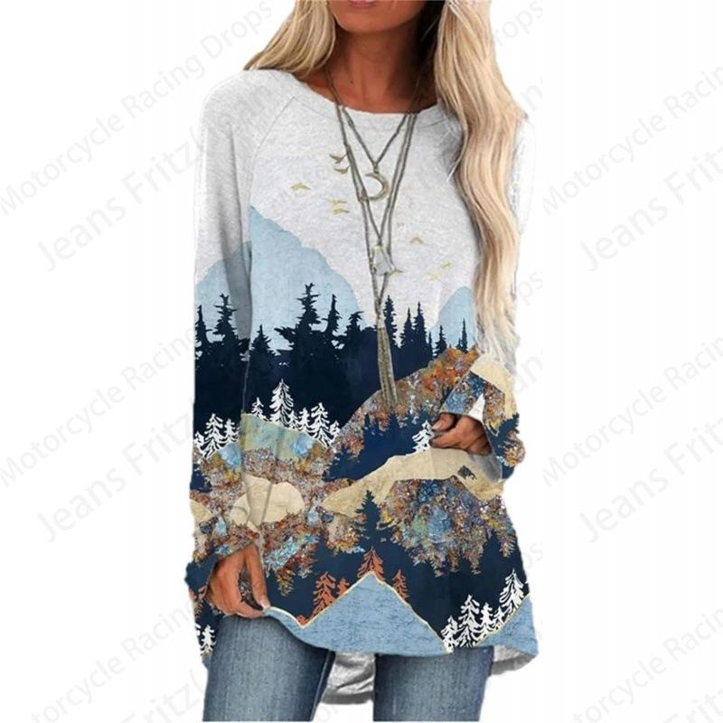 Футболки с принтом в виде природных пейзажей 3D, женская мода, футболка с длинным рукавом, туника с крестообразным узором, длинная винтажная футболка, градиентная одежда для женщин