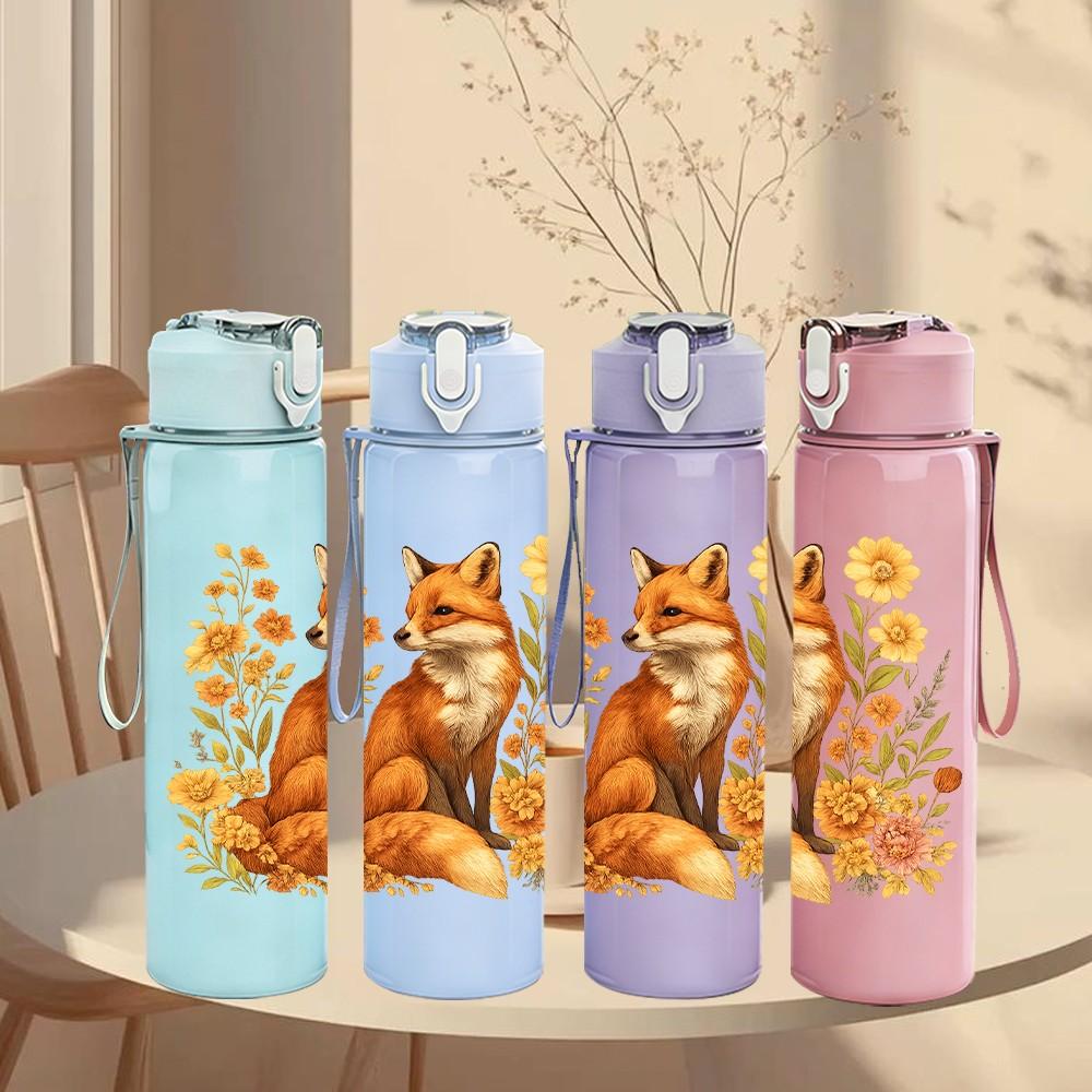 1PC Sunflower Wild Fox Art 750ml Color Plastic Sports Water Bottle Leakproof Flip Straw Lid Suitable for Sports Office Home Use