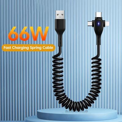 3 в 1 66 Вт 6 А Быстрая зарядка USB Type C Кабель Micro USB Пружинный автомобильный зарядник Для iPhone Xiaomi Samsung Зарядный шнур для телефона