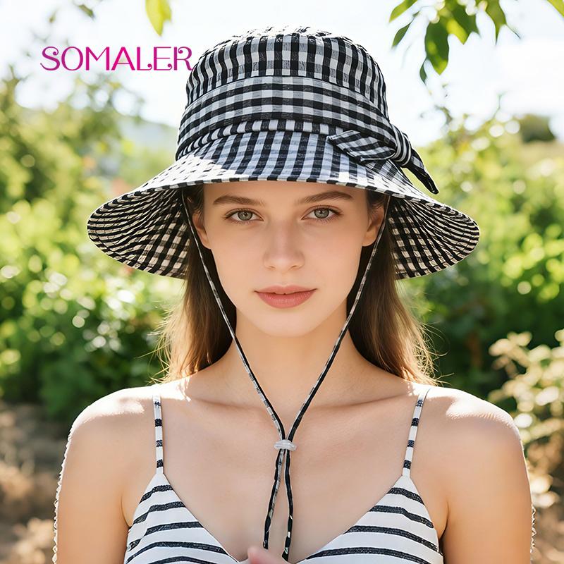 SOMALER Женская летняя клетчатая шляпа от солнца Хлопковая пляжная шляпа-ведро с защитой от УФ