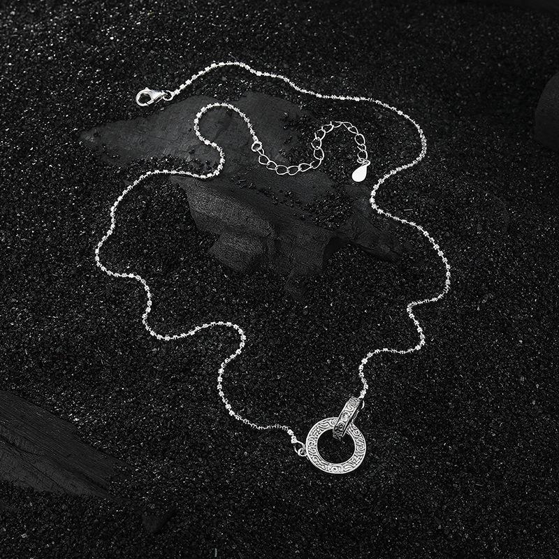 S925 Sterling Silver Double-ring Tang Grass Pattern Necklace Women's Elegant Light Luxury Niche Design High-end Tassel Interlocking Pendant