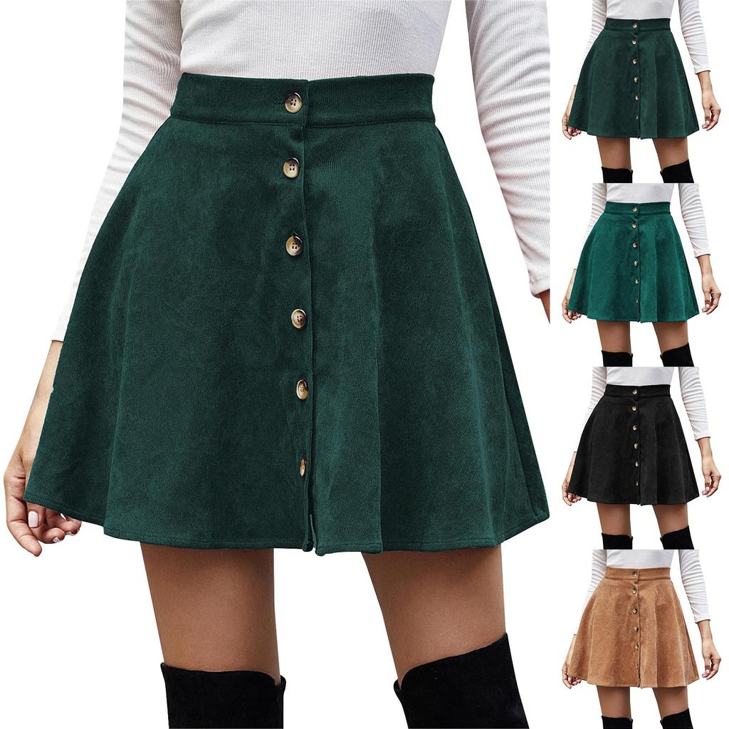 Women's Button Down Casual Fashion Flared A-Line Solid Color Corduroy Button High Waist Skirt