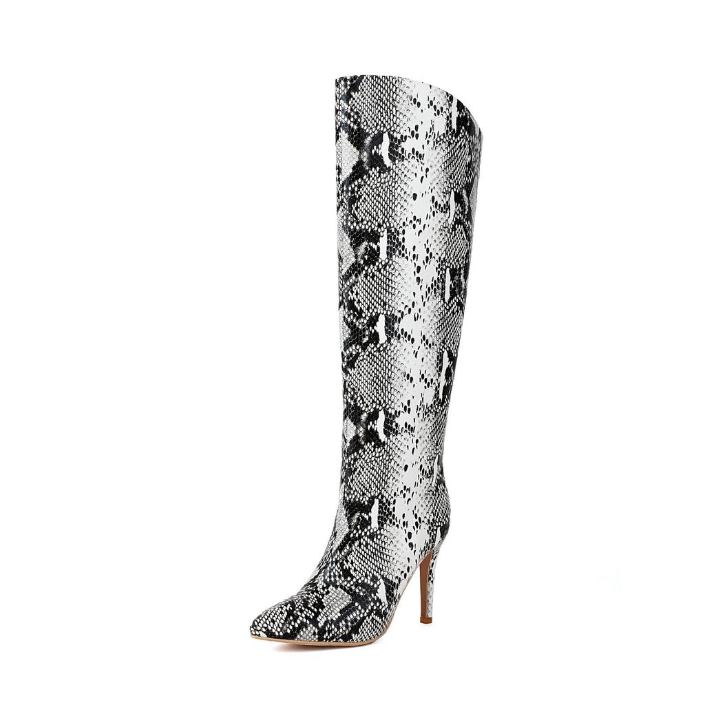 Snakeskin Tall Boots Women's Stiletto Knee High Boots 2024 Autumn Winter Thin High Heels Shoes Sexy Pointed Toe Footwear
