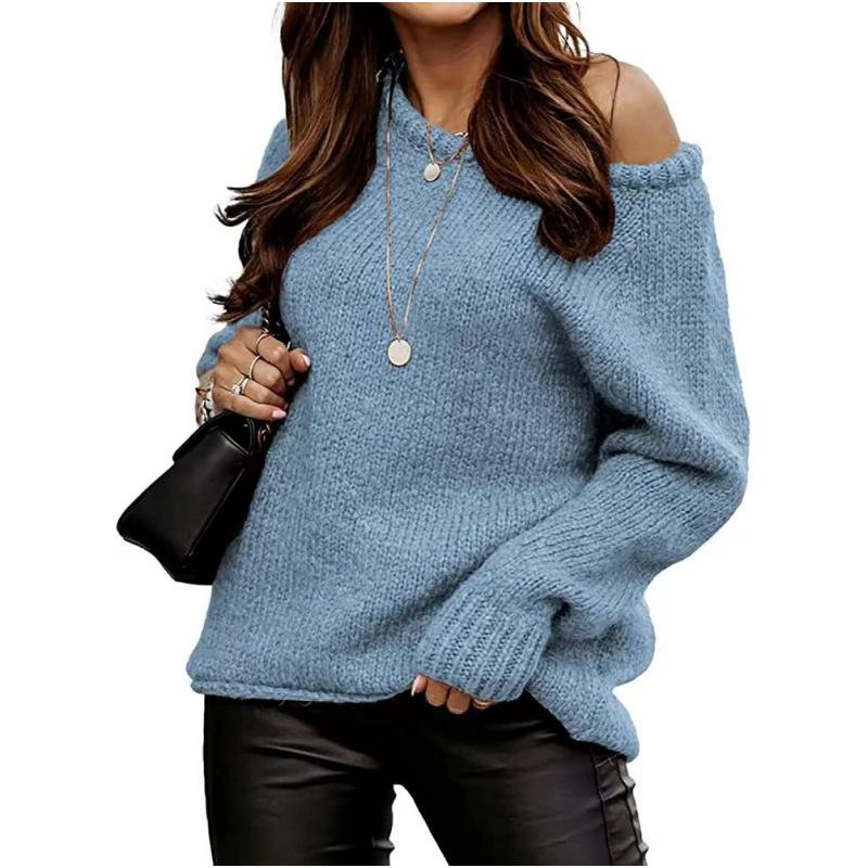 Autumn Winter Off-Shoulder Round Neck Pullover Loose Plus Size Sweater for Women