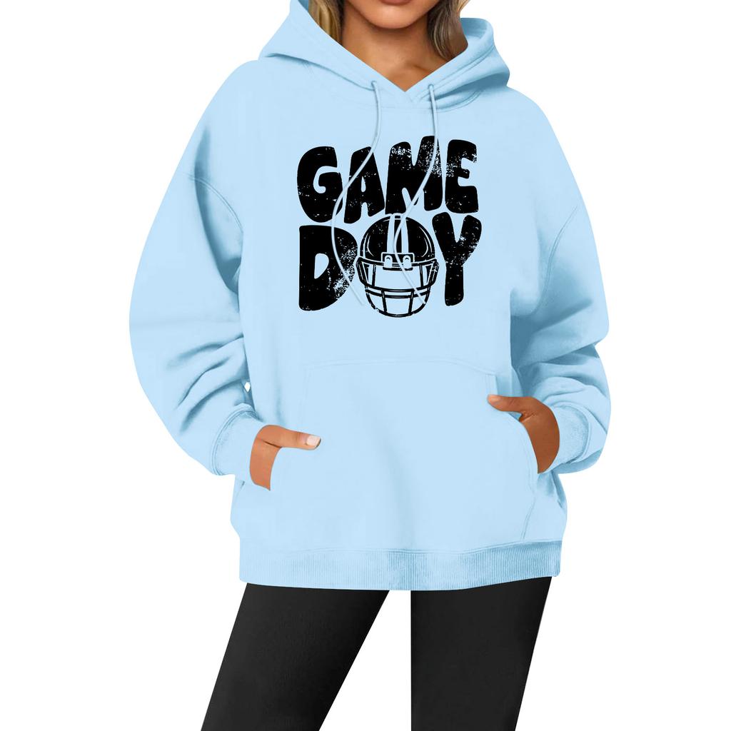 Women's Casual Fashion Solid Color Rugby Print Long Sleeve Hooded Sweatshirt Top