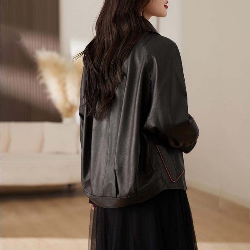 Весна и осень Новый стиль Национальный стиль Натуральная кожаная куртка Женская свободная овчинная куртка Модная черная куртка с короткими лацканами