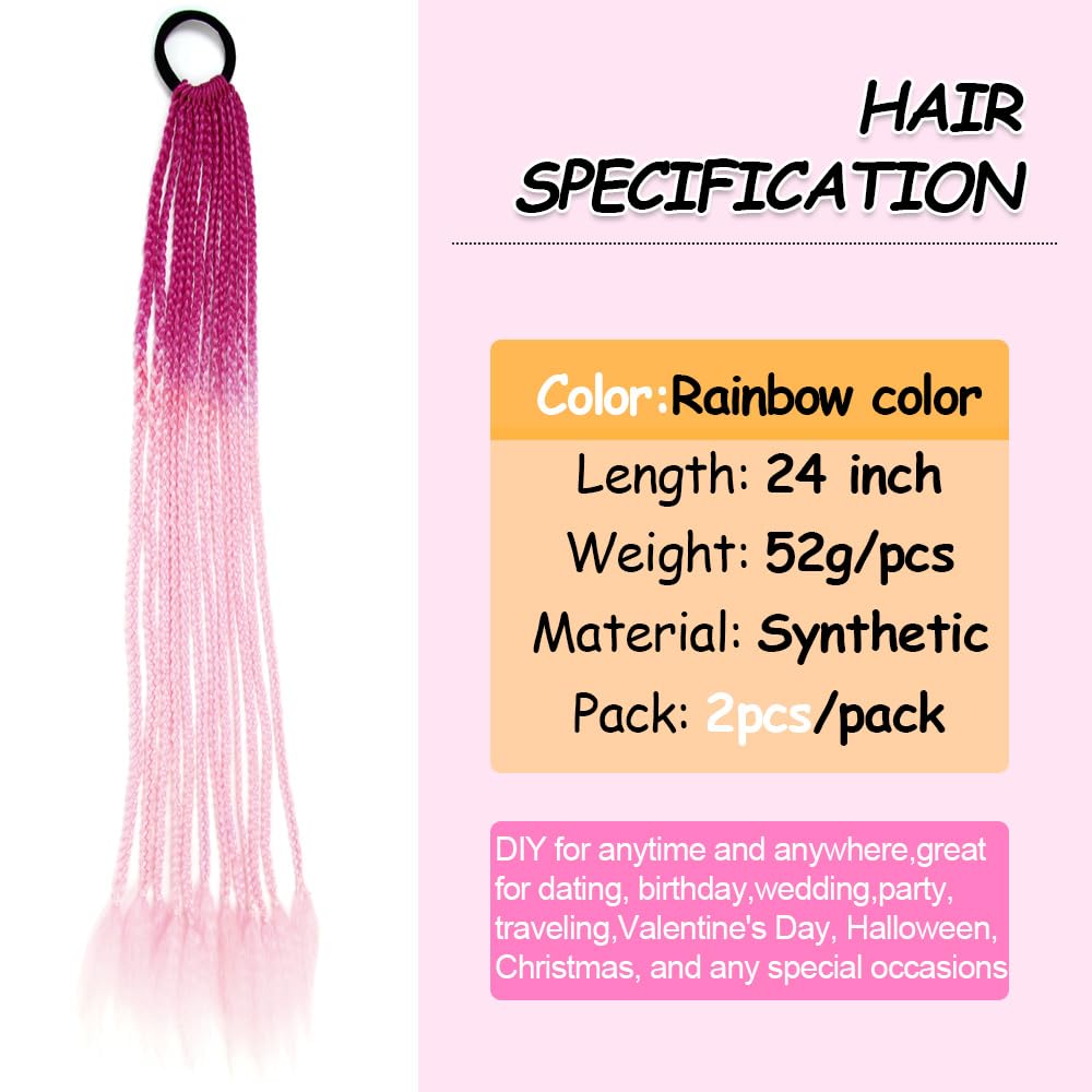 Косы-хвосты 24 дюйма Разноцветные Box Braids с резинками Синтетические накладки для волос для девочек Женские аксессуары День сумасшедших причесок
