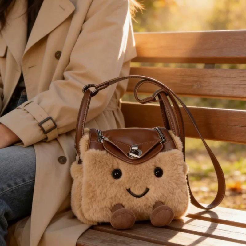 Sweet Lovely Plush Handbag Women Brown Cartoon Large Capacity Shoulder Bag Ladies Patchwork Crossbody Bag Winter Arrival