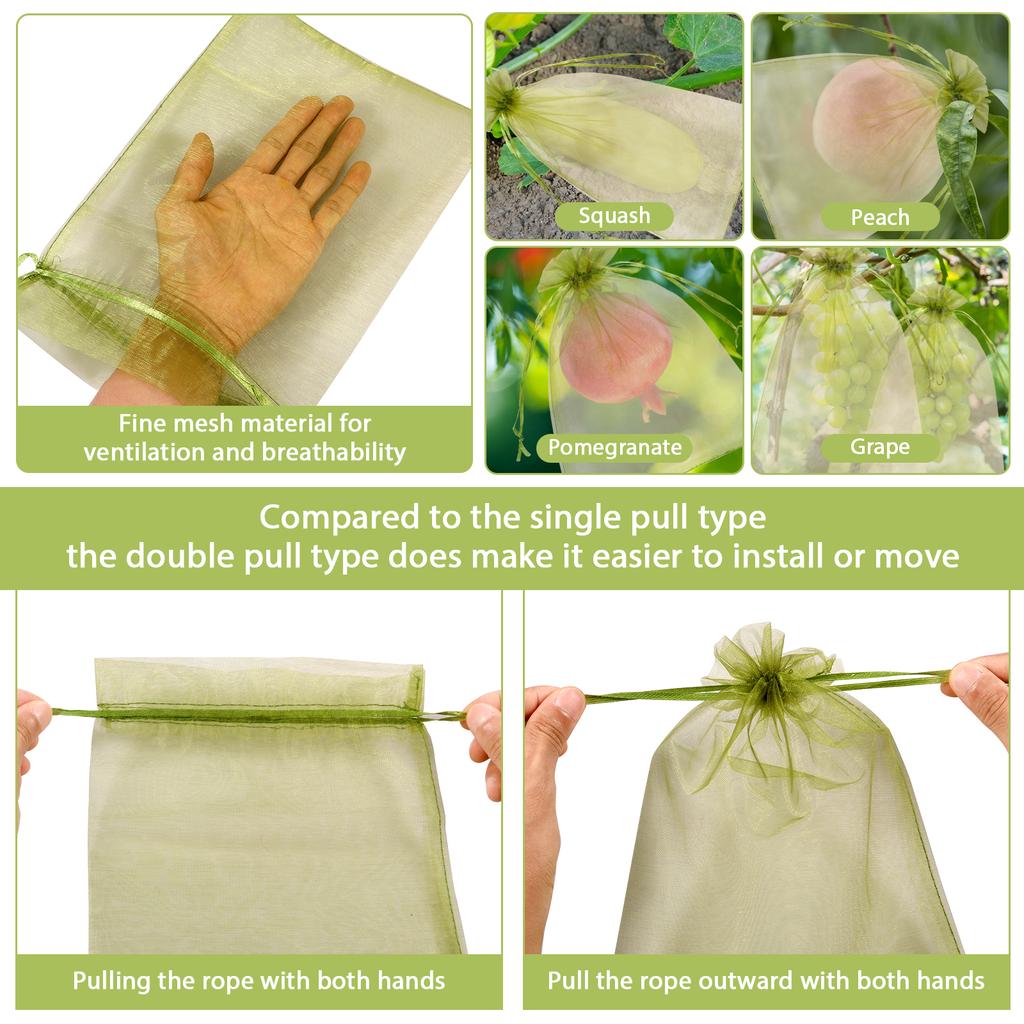 100pcs Fruit Protection Bags Pest Control Anti-Bird Drawstring Garden Netting Bags Breathable Reusable Organza Mesh Fruit Bag