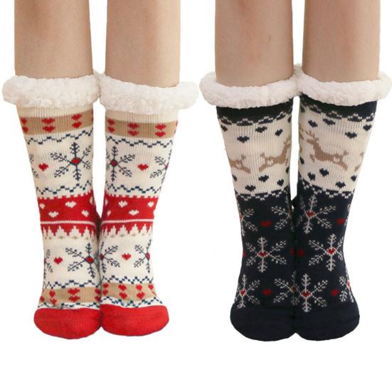 1 Pair Winter Floor Socks Thickened Fuzzy Plush Warmth Retention Christmas Elk Snowflake Print Leg Warmer Silicone Bottom Fall Winter Floor Socks
