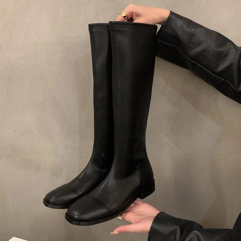 Мода Ретро Стиль Женщины Рыцарь Высокие Сапоги Мода Мягкая Кожа Тонкие Длинные Ботинки Осень Зима Дамы Плоская Обувь