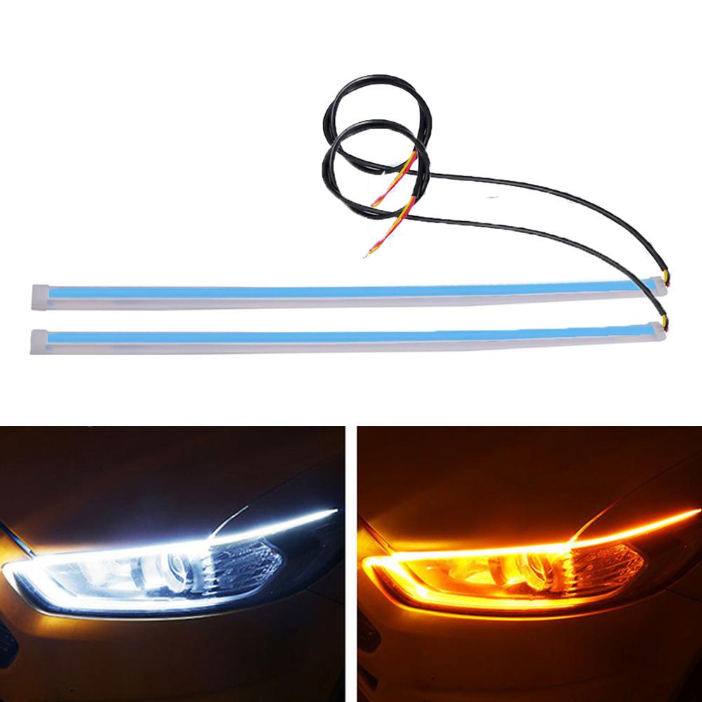 2 шт. 12 В светодиодные дневные ходовые огни для автомобиля DRL, гибкая водонепроницаемая полоса, автомобильные фары, белый указатель поворота, желтый стоп-сигнал