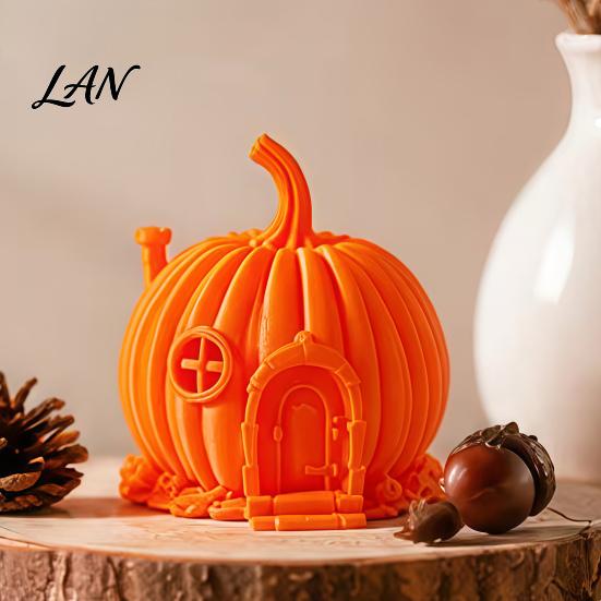 Micro Landscape Desktop Decoration 3D Printed Pumpkin House Ornament for Halloween, Miniature Fairy Tale Cabin Resin Figurine Figure Decoration,