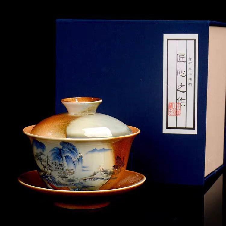 Расписанный вручную лотос гайвань керамический фарфоровый чайник-пиала вращающаяся крышка блюдце винтажные чайные чашки чайная церемония чайная посуда посуда для напитков