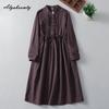 2025 Japanese Mori Girl Spring Autumn Women Midi Dress Stand Collar Brown Navy Floral Print Dress With Sashes Long Sleeve Vintage Basic Ladies's Dress