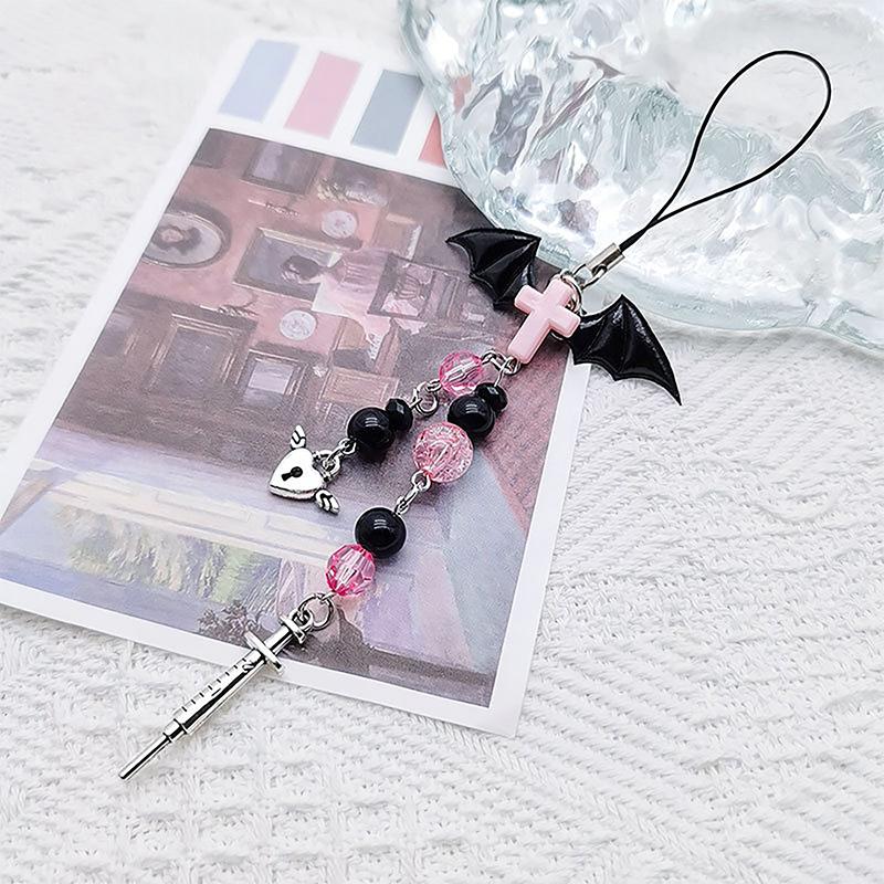 Black Punk Y2K Phone Pendant Chain Cool Girl Sweet Charm With Cross Butterfly Accessories For Phone Bag Lanyard Keychain