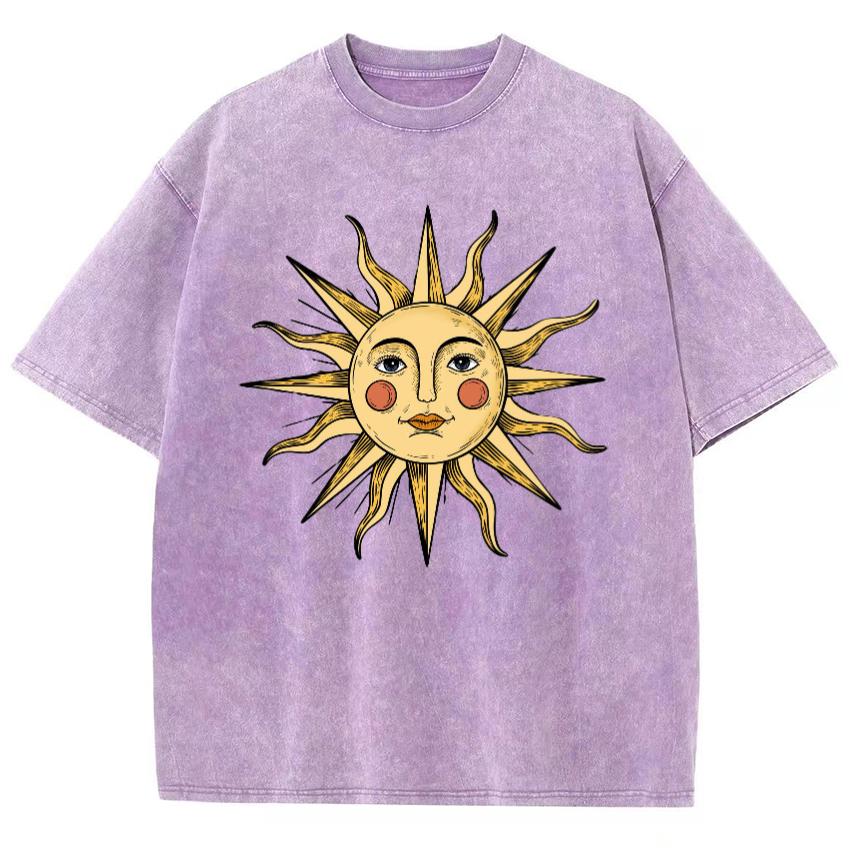 Футболка женская с принтом лица солнца, стираный хлопок, дышащая, высокого качества, с коротким рукавом, свободная, мужская, с коротким рукавом, состаренная