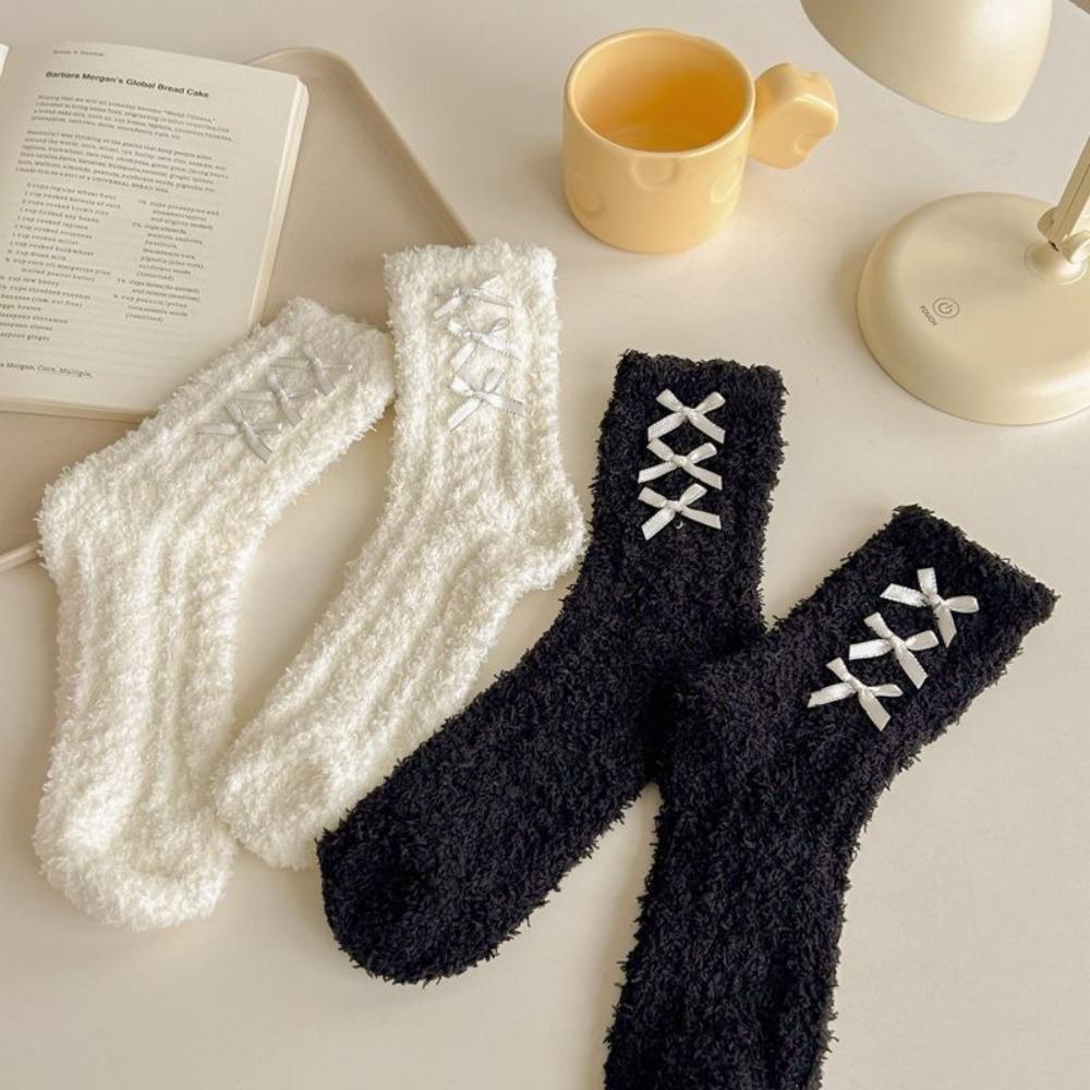 Coral Fleece Middle Tube Socks Bowknot Floor Socks Cute Women's Socks Autumn