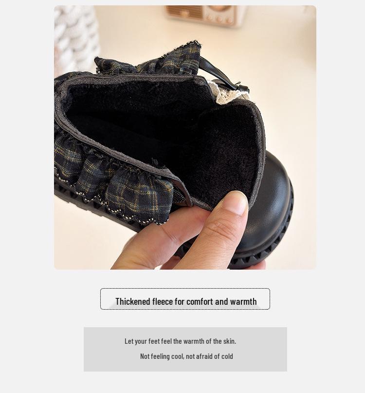 Корейские ретро женские черные зимние кожаные ботинки 2025: Хлопковые короткие ботинки в стиле Лолита с бантом для малышей