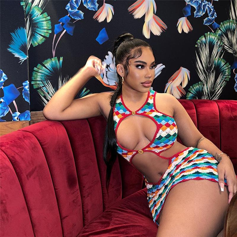 Women Fashion Casual Sleeveless Round Neck Mini Dress Multi-Color Abstract Print Hollow Out Casual Dress