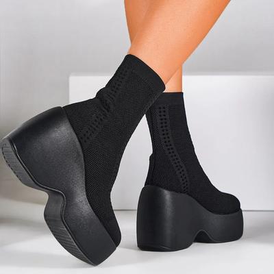 Массивные вязаные стрейч-ботильоны на платформе, готические клинья, женские ботильоны, панк, слипоны, ботинки-носки, зимняя трендовая женская обувь