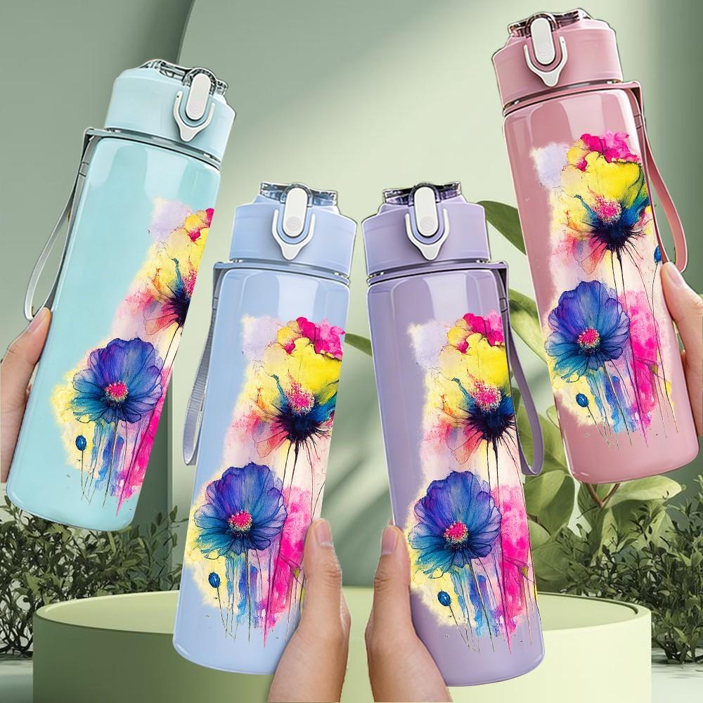 1PC Colorful Feather Boho Art Print 750ml Color Plastic Sports Water Bottle Leakproof Flip Straw Lid Suitable for Sports Office Home Use
