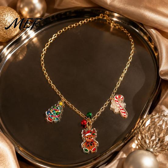 Christmas Charms Necklace for Women, Cute Elk Tree Candy Cane Pendant with Bells, Festive Alloy Jewelry Holiday Party Outfit Women
