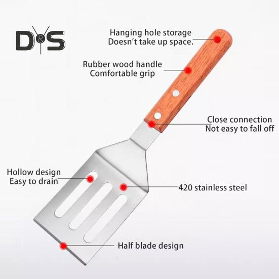 Набор из нержавеющей стали для жарки с деревянной ручкой, жаропрочные твердые лопатки с антипригарным покрытием, прорезные лопатки для жарки, выпечки, переворачивания и переворачивания