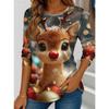 Round Neck 3D Santa Reindeer Printed Casual Long Sleeved Women's T-shirts - Soft Polyester Fabric Spring and Autumn Relaxed Fit Clothing