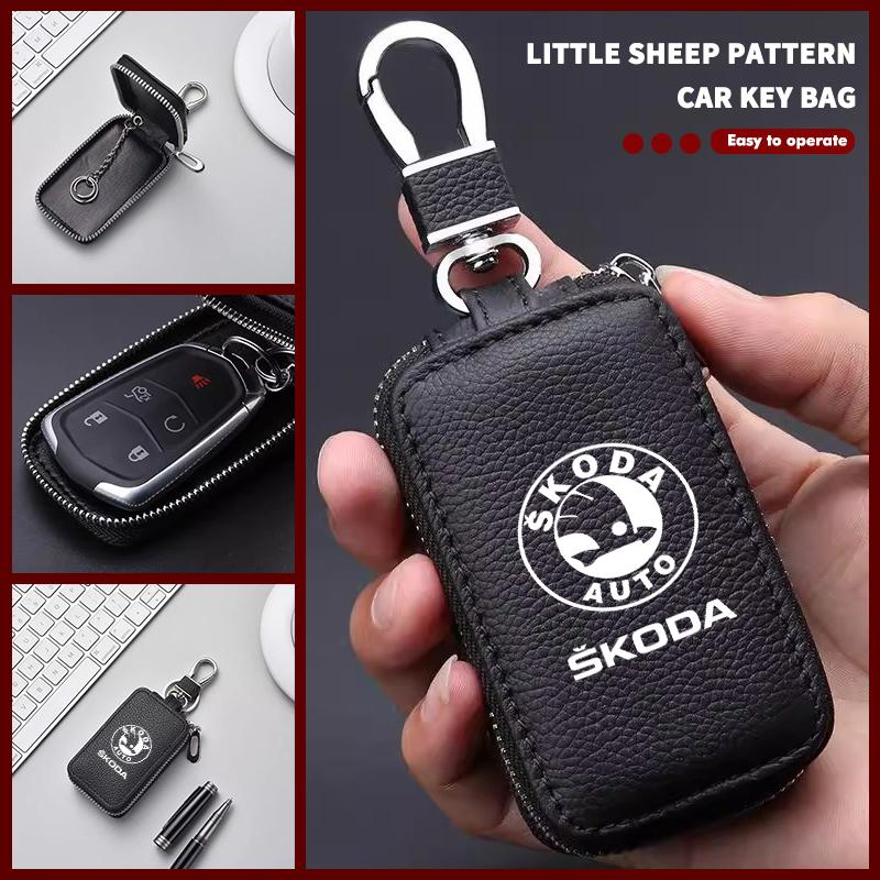 For Skoda Car Key Protector Bag Key Holder Mini Auto Key Case Wallet Zipper Bag Keychain S Kodiaq Octavia 2 3 Yeti Karoq Rapid