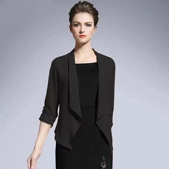 Women's Summer Spring Stretch 3/4 Gathered Sleeve Open Blazer Jacket Cardigan