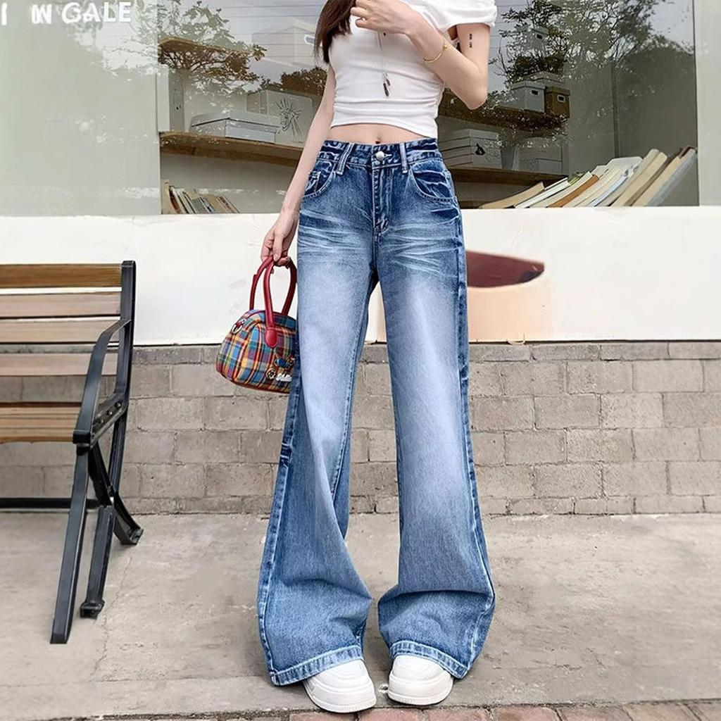 Vintage Washed Micro Flare Jeans Women High Waist Loose Thin Hundred Yards Straight Wide Leg Trailing Long Trousers Jeans for Women Long Denim Pants