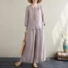 2Pcs/Set Women Casual Outfit Round Neck 3/4 Sleeves Embroidery Floral Pattern Shirt Wide Leg Long Pants Set Daily Wear