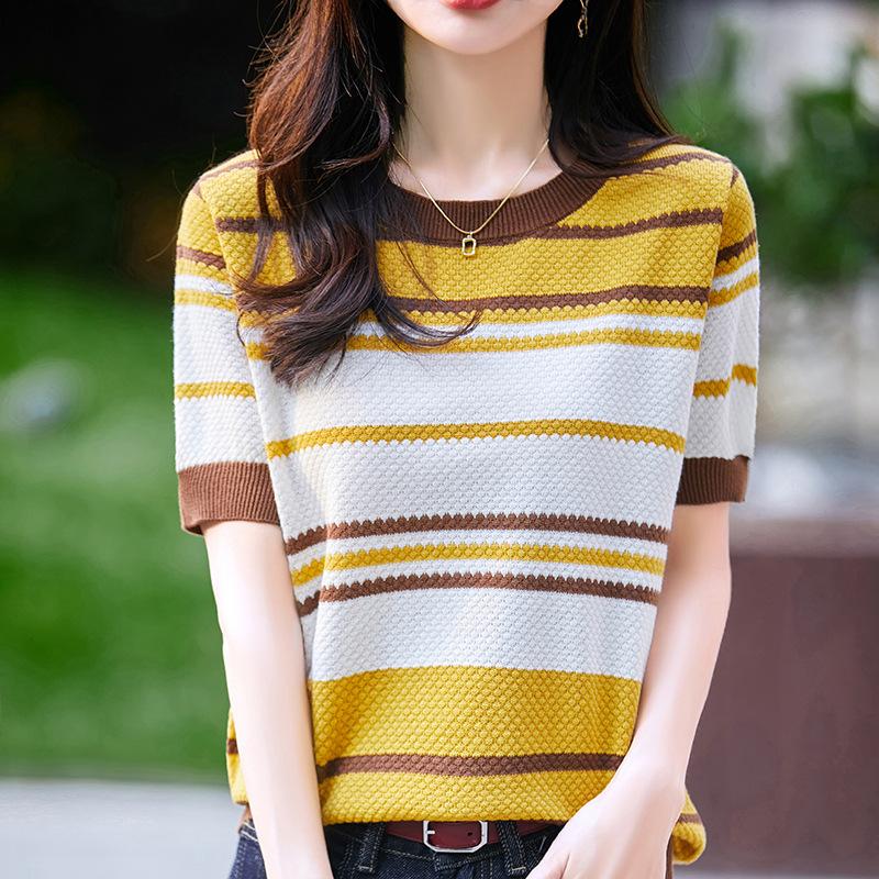 Summer New Women's Cotton Striped Crew Neck Knitted Sweater Fashion Versatile Short Sleeve Pullover T-Shirt Top