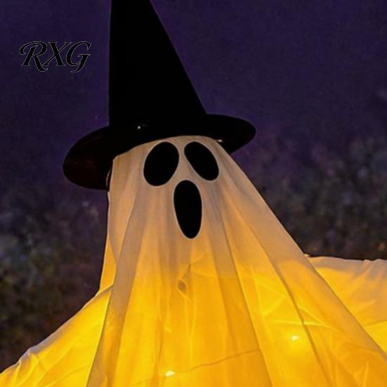 Outdoor Spooky Decor Halloween Hanging Ghost with Witch Hat, Light Up Eerie Glow for Porch Tree, Haunted House Scene Ornament Hat