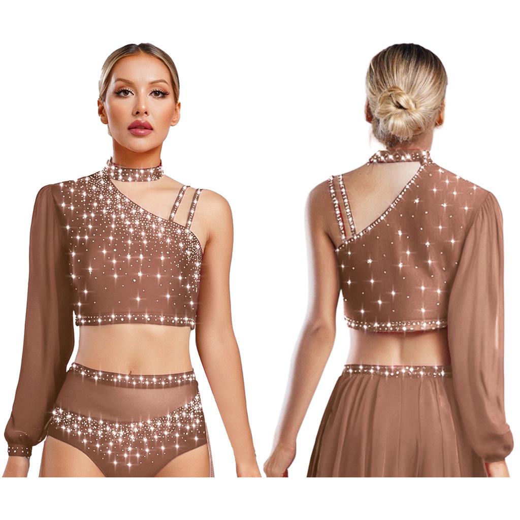 Womens Lyrical Dance Top Asymmetrical Sheer Mesh Long Sleeve Shiny Colorful Rhinestone Crop Top