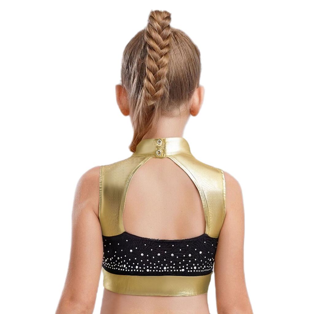 Детская танцевальная одежда Кроп-топ с воротником-стойкой Без рукавов Вырез на спине Блестящие стразы Металлик