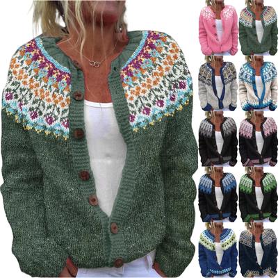 Кардиганы в стиле Fair Isle для женщин, с круглым вырезом, свободного кроя, на пуговицах, объемный свитер, с открытой передней частью, повседневная вязаная куртка на осень